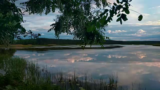 夏天的傍晚在湖泊与戏剧性的天空和水和草的倒影视频素材