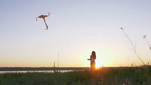 快乐的年轻女子在一个湖泊背景的林间空地上玩风筝在夏季日落视频素材