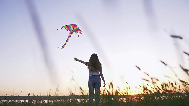 快乐的年轻女子玩风筝在一个林间空地与湖泊背景在夏季日落，低角度的观点视频素材