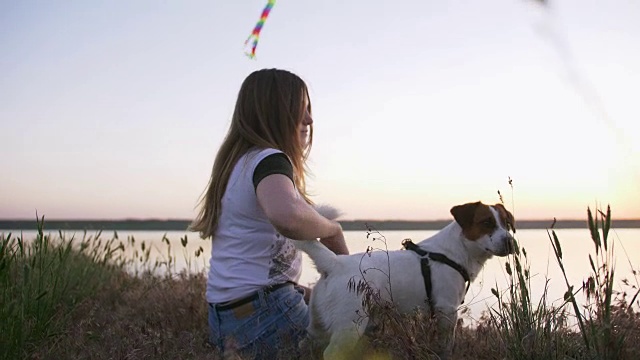 年轻快乐的女人和她的小狗坐在放风筝的林间空地在日落视频素材