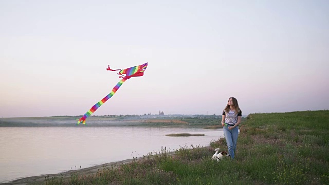 年轻快乐的女人和她的小狗与风筝在日落的林间空地上散步，慢动作视频素材