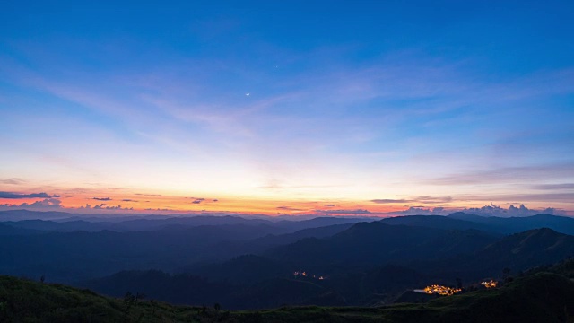 白天到夜晚的拍摄:日落在多层剪影山，时间流逝视频视频素材