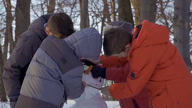 男孩们在冬季公园堆雪人的慢镜头视频素材