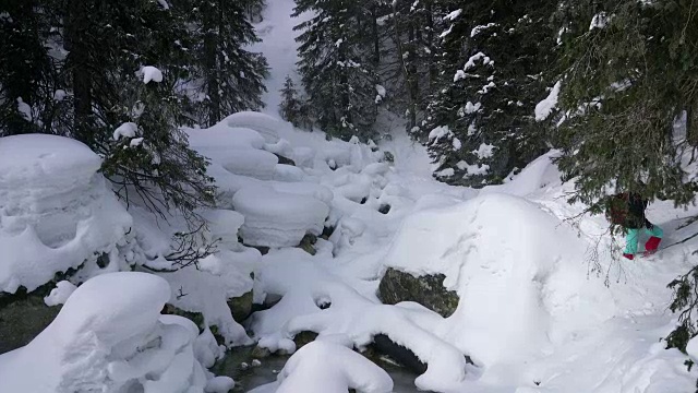 冬天在寒冷多雾的天气里徒步旅行，在被雪覆盖的岩石森林景观中视频素材