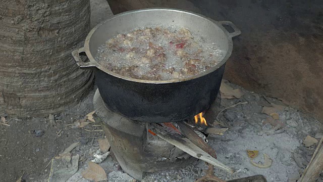 煮猪肉让户外家庭变胖(近距离)视频素材