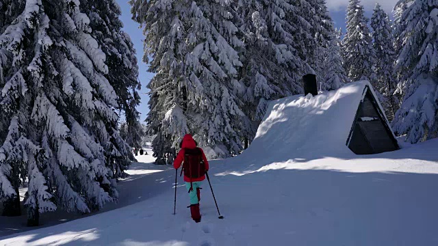 冬天，在寒冷的天气里，在阳光明媚的日子里，在覆盖着积雪的岩石山中徒步旅行视频素材