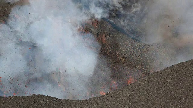 炽热的岩浆、气体、蒸汽和灰烬从活火山火山口喷发出来视频素材