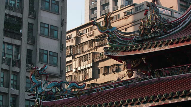 以现代建筑为背景的龙山寺屋顶装饰雕塑视频素材