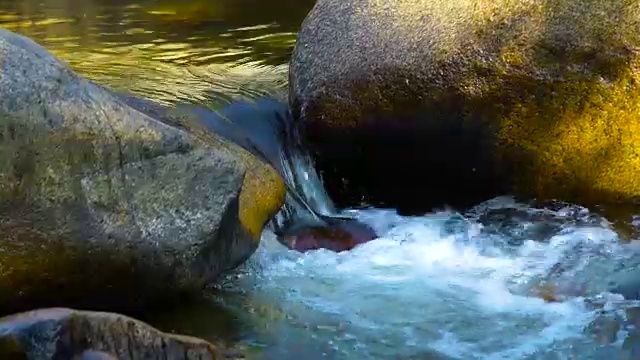 小溪的水在岩石河在山上近距离流动。湍急的河水在清澈的河流中流过。美丽的风景，山川，野生的自然视频素材