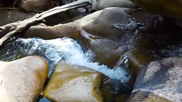 小溪清澈的水在湍急的河流从山上瀑布近距离。水流在岩石密布的河里迅速流动。从丛林中的瀑布倾泻到山河中的石头上的水流视频素材