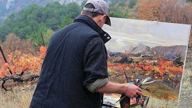 职业艺术家用油画颜料在画布上作画视频素材