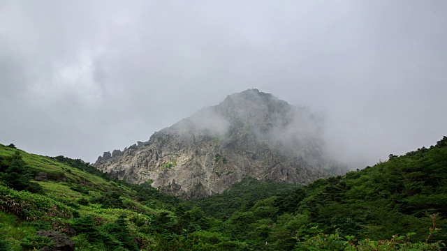 在济州岛的Hallasan山(联合国教科文组织世界遗产)看到雾中的Witseoreum(山丘)视频素材