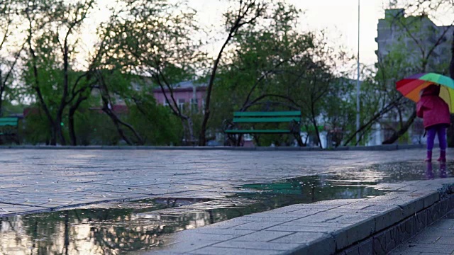 可爱的小女孩拿着五颜六色的雨伞在夕阳下穿过公园的水坑视频素材