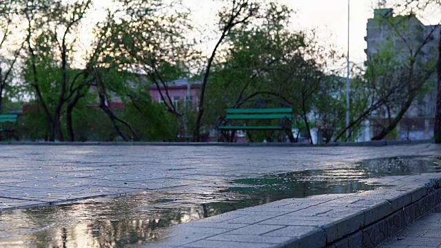 可爱的小女孩拿着五颜六色的雨伞在夕阳下穿过公园的水坑视频素材