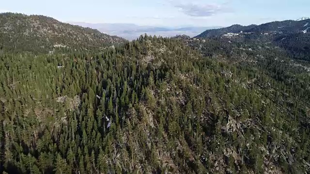 缓慢移动在茂密的松树林和山顶内华达山脉无人机视图湖，加州视频素材