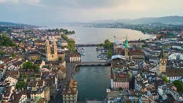 夏季日落天空苏黎世城市风景湖畔河流航空全景4k时间流逝瑞士视频素材