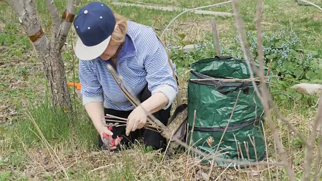 年长的妇女在园艺工作时使用园艺工具修剪老树枝视频素材