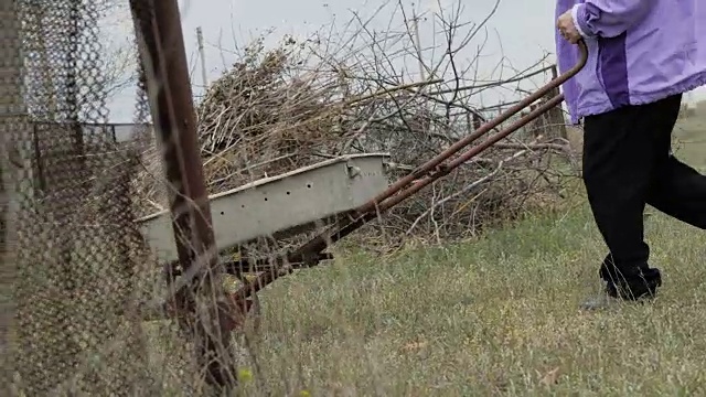 园丁妇女与独轮手推车步行乡村道路花园后院视频素材