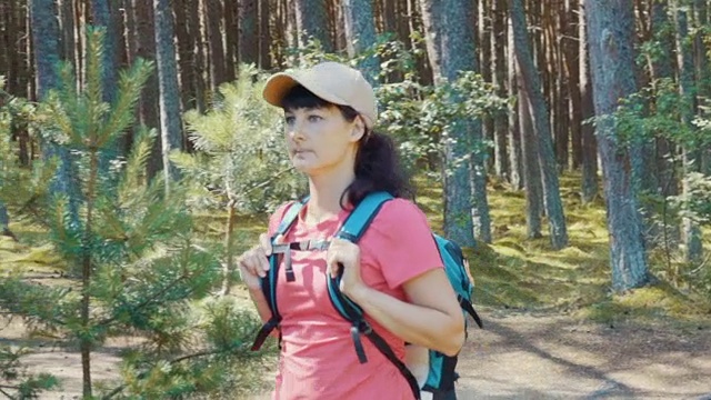 年轻女子穿越森林。女游客背着背包走过一条森林道路。在户外的大自然中徒步旅行。在露营中享受大自然。视频素材