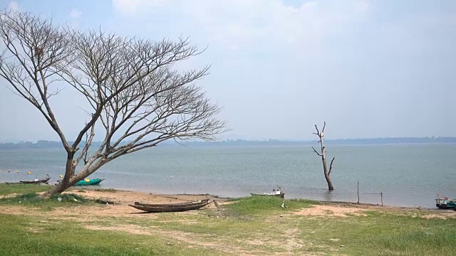 美丽的湖与蓝天背景，水库视频素材