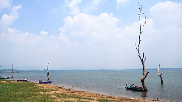 美丽的湖与蓝天背景，水库视频素材