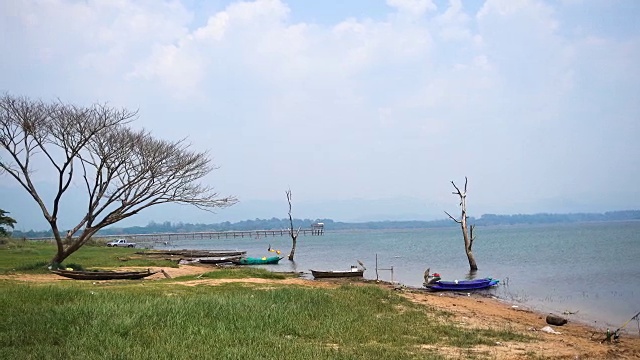 美丽的湖与蓝天背景，水库视频素材