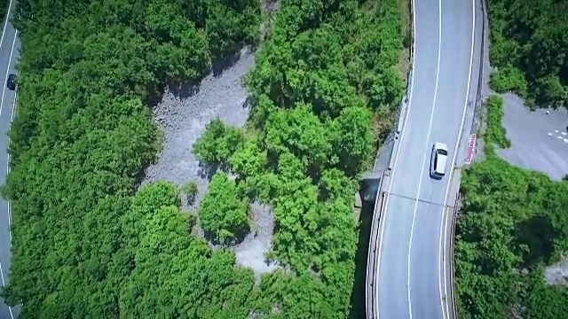 鸟瞰图一个弯曲的道路与汽车通过。山路视频素材