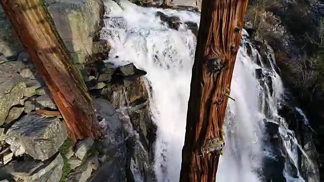 一架无人机绕着两棵树盘旋，直指加州太浩湖的雄鹰瀑布视频素材