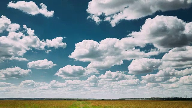 夏季乡村乡村田野草地景观下风景戏剧性的天空与蓬松的云视频素材