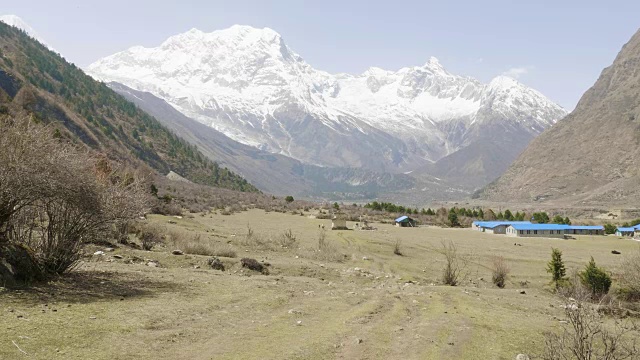 导游带领的游客正在尼泊尔马纳斯鲁地区的喜马拉雅山徒步旅行。视频素材