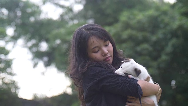 年轻女子抱着和抚摸一个可爱的小狗在草坪上的自然。视频素材