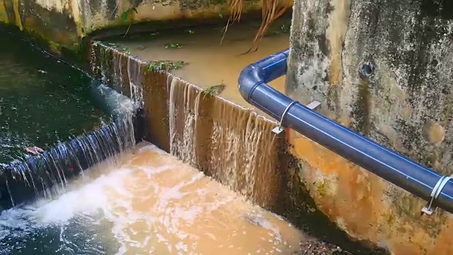 雨后日常生活视频。水从城里的一条运河流向大海。在城市排水和防止洪水泛滥的概念。视频素材