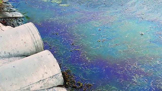 岸上的污水管，水面上的石油或燃料污迹，有毒化学物质的自然污染，污染海洋视频素材