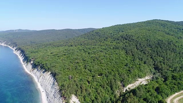 空中-野生海岸，森林，绿色山丘和蓝色的海洋。视频素材