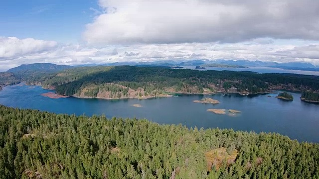 空中飞行在温哥华BC海岸的树覆盖岛孤立位置视频素材