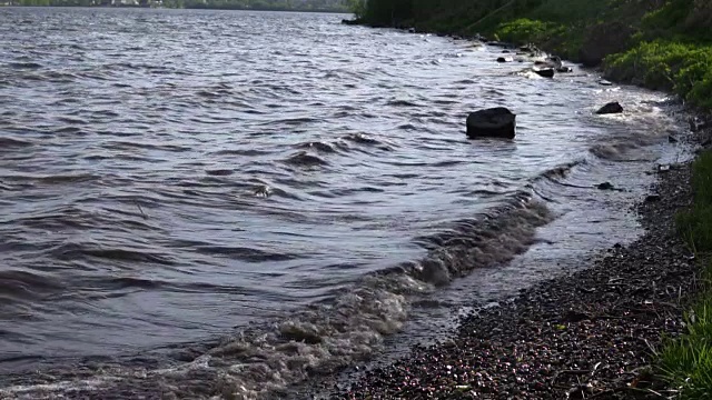 波浪冲刷着水库岸边的圆木。视频素材