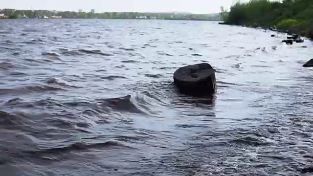 波浪冲刷着水库岸边的圆木。视频素材