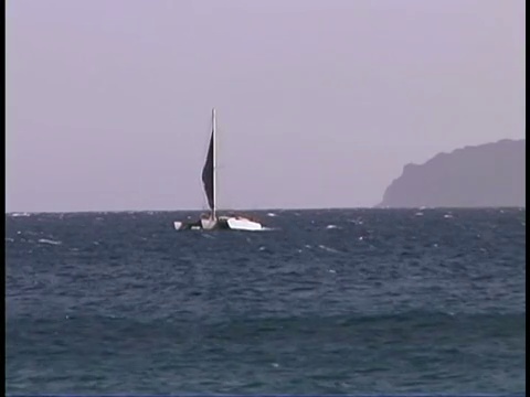 一艘双体帆船沿着夏威夷毛伊岛海岸的海洋行驶。视频素材