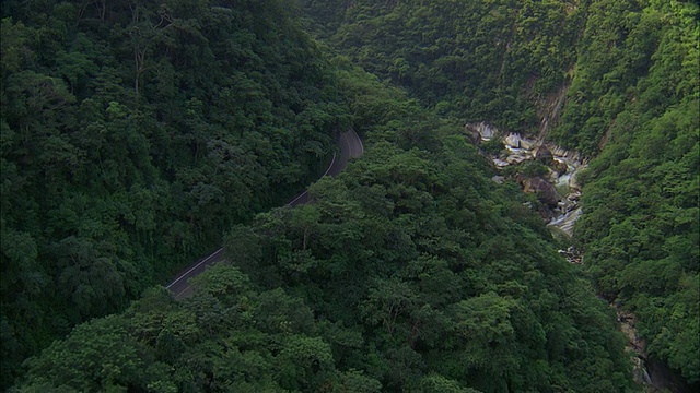 空中双车道高速公路蜿蜒穿过险峻的森林地带视频素材