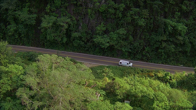 空中双车道高速公路蜿蜒穿过险峻的森林地带视频素材