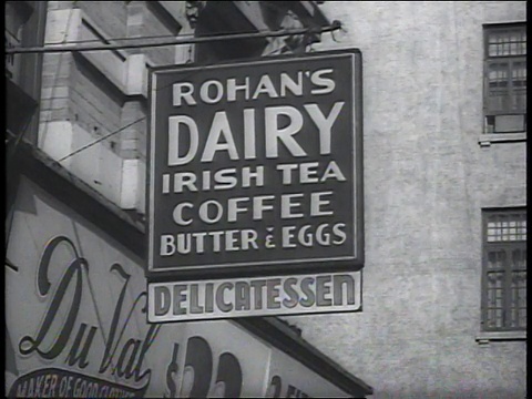 1941年，美国纽约，Rohan's Dairy Irish, Tea, Coffee, Butter and Eggs Delicatessen的CU标志视频素材