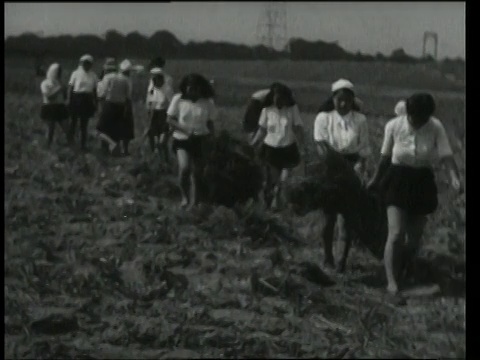 1948年9月9日，日本东京，女孩们拖着大包裹穿过田野视频素材