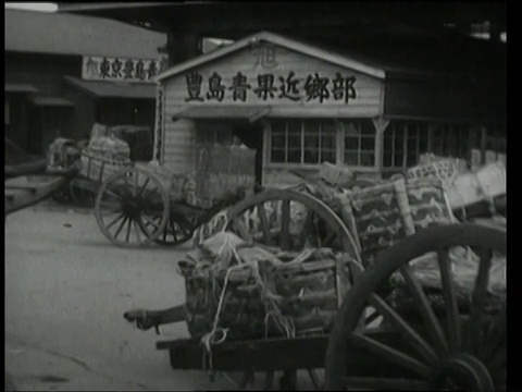 1948年9月9日，在日本东京，一名男子拖着购物车通过仓库视频素材