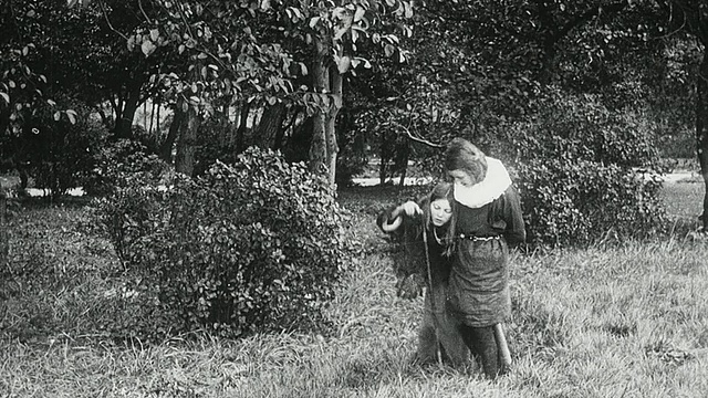 1925年，英国泰恩河畔纽卡斯尔，学生们穿着伊丽莎白时代的服装，表演发生在雅顿森林的户外戏剧，可能是莎士比亚的As You Like It视频素材