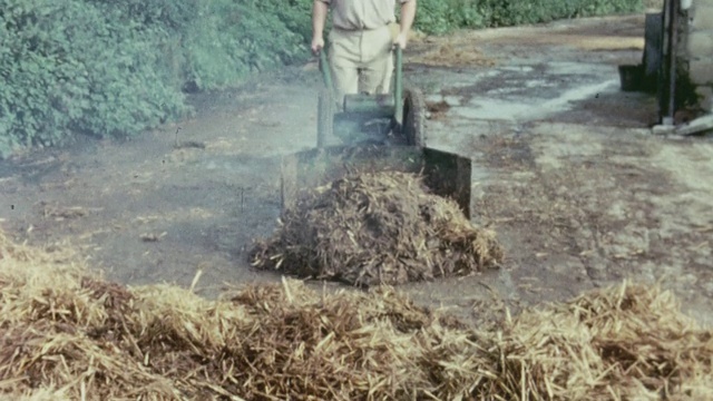 1967年蒙太奇农民使用附在农场设备上的刮刀清理粪道的淤泥/英国视频素材