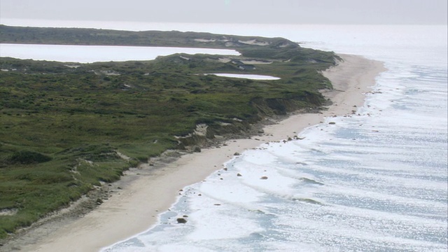 空中海浪拍打着沙滩和绿色植物的海岸线，在美国马萨诸塞州的阿奎纳湾以外视频素材