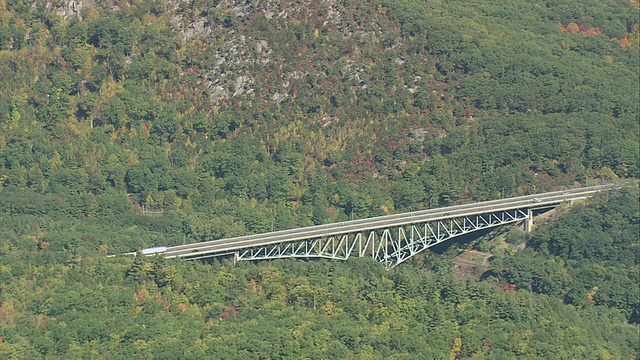 美国麻萨诸塞州，横跨茂密林区小河的空中公路桥视频素材