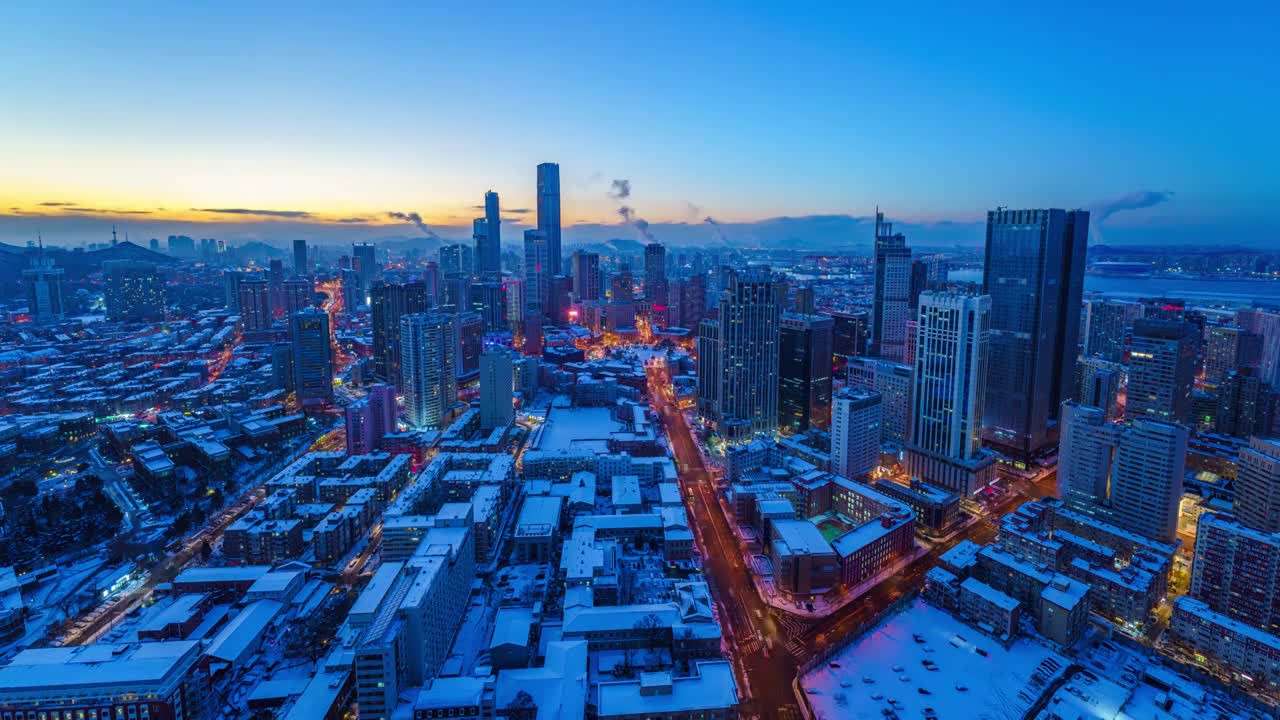 8K 大连城市雪景日转夜 城市中心视频素材