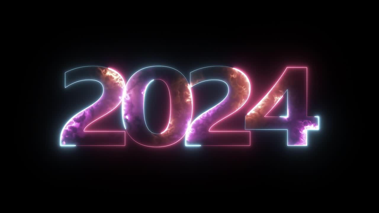 发光的霓虹文本2024黑色背景。2024霓虹灯书法横幅。霓虹色文字2024招牌视频下载