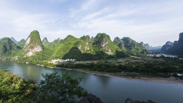 蓝天白云下的漓江两岸风景视频素材